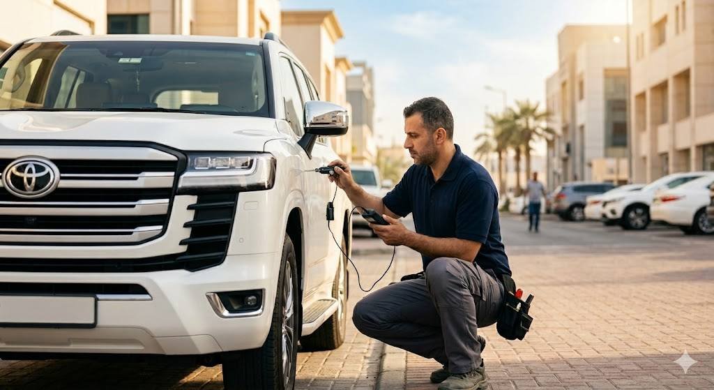 فني محترف يقوم بفتح قفل باب سيارة مغلقة في الكويت باستخدام أدوات متخصصة وبدون إحداث أي خدوش.