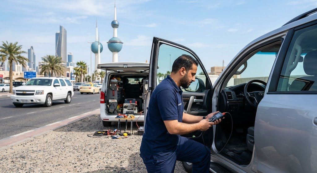 فني متخصص يستخدم أدوات فك التشفير الميكانيكية الدقيقة لفتح باب سيارة فاخرة مقفلة في الكويت بسرعة وأمان تام
