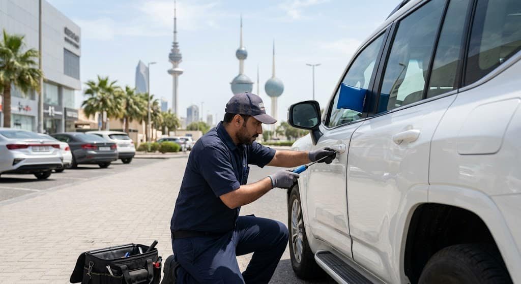 فني متخصص يستخدم أجهزة برمجة حديثة لقص ونسخ وتشفير المفاتيح الذكية للمركبات ضمن أعمال مفاتيح سيارات الشويخ بالكويت لضمان استعادة الوصول والتشغيل بدقة وأمان