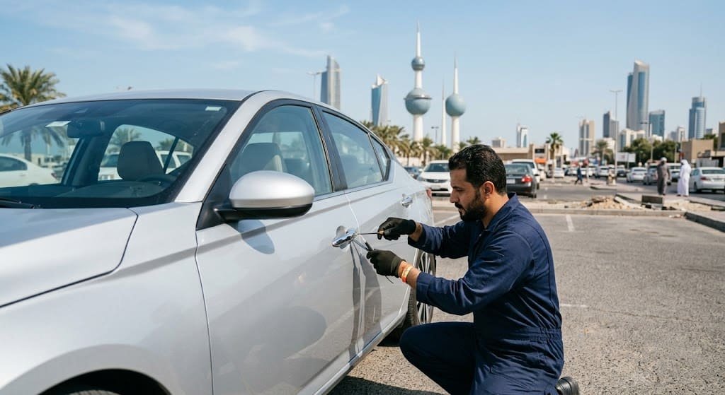 فني متخصص يستخدم أدوات دقيقة وحديثة لفتح قفل سيارة بأمان ضمن أعمال فتح ابواب سيارات حولي بالكويت لضمان استرجاع المفاتيح دون إحداث أي خدوش للطلاء أو زجاج المركبة
