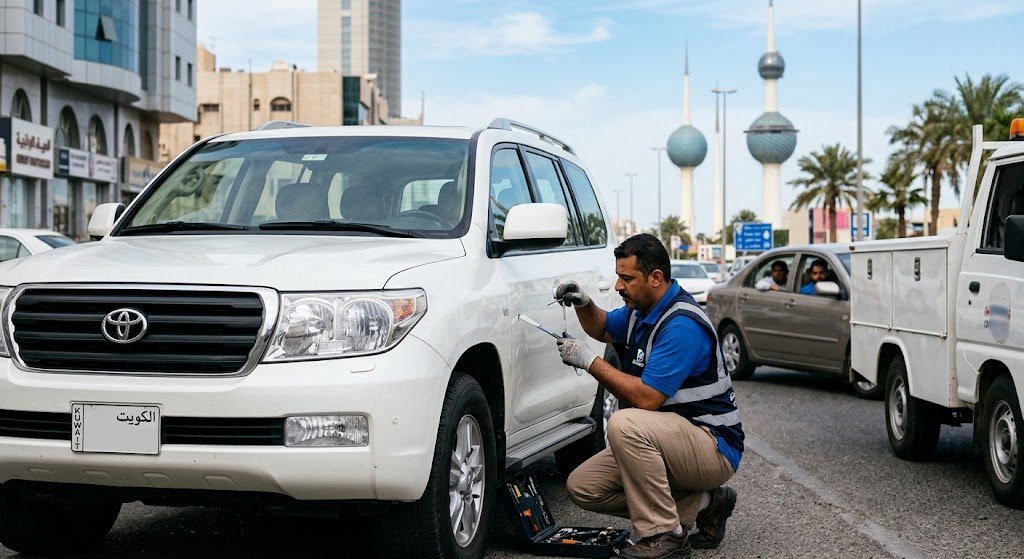 فني متخصص يعتمد على معدات دقيقة لفتح أقفال المركبات بأمان ضمن أعمال فتح ابواب سيارات الجابرية بالكويت لضمان استخراج المفاتيح المحتجزة دون إحداث أي خدوش أو تلف لطلاء السيارة