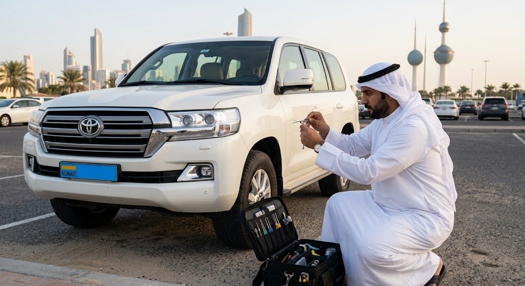 فني متخصص يقوم بفتح أبواب السيارات المغلقة بأمان ضمن خدمات فتح اقفال سيارات الفحيحيل بالكويت