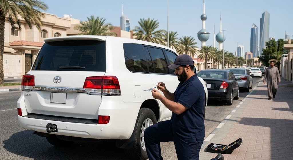 فني متخصص يقوم بفتح أقفال السيارات المقفلة باحترافية وأمان وبدون خدوش ضمن خدمات فتح اقفال سيارات العدان بالكويت