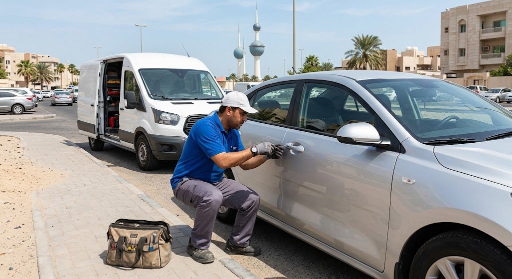 فني متخصص يقوم بفتح أقفال السيارات المغلقة باحترافية وأمان ضمن خدمات فتح اقفال سيارات القصور بالكويت