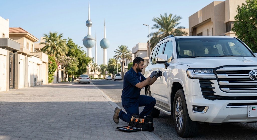 فني متخصص يقوم بفتح أبواب السيارات المغلقة بأمان ضمن خدمات فتح اقفال سيارات المهبوله بالكويت