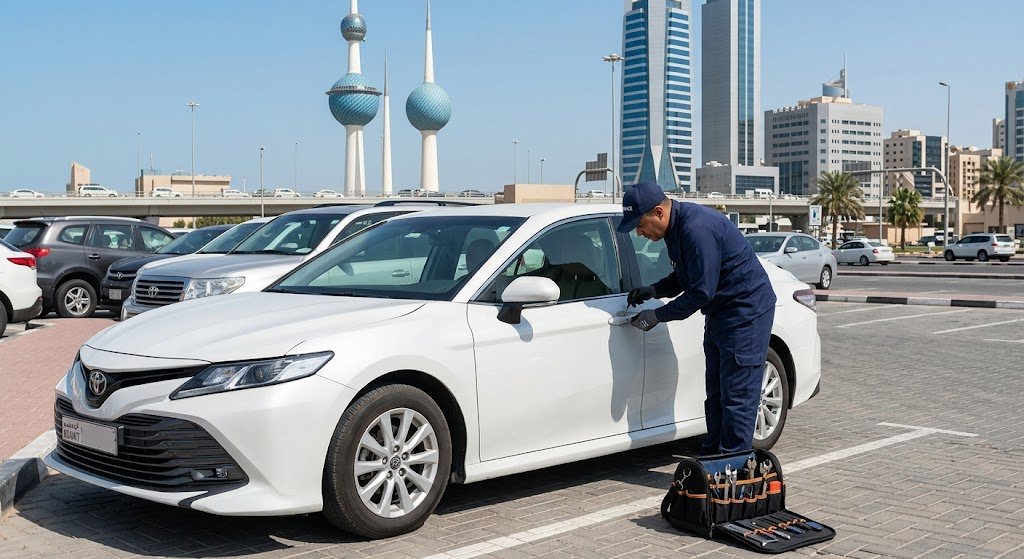 فني متخصص يقوم بفتح أقفال السيارات بأمان ضمن خدمات فتح اقفال سيارات كيفان بالكويت