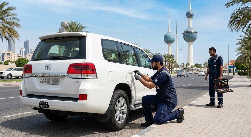 فني متخصص يقوم بفتح أقفال السيارات بأمان ضمن خدمات فتح سيارات مقفلة السره بالكويت